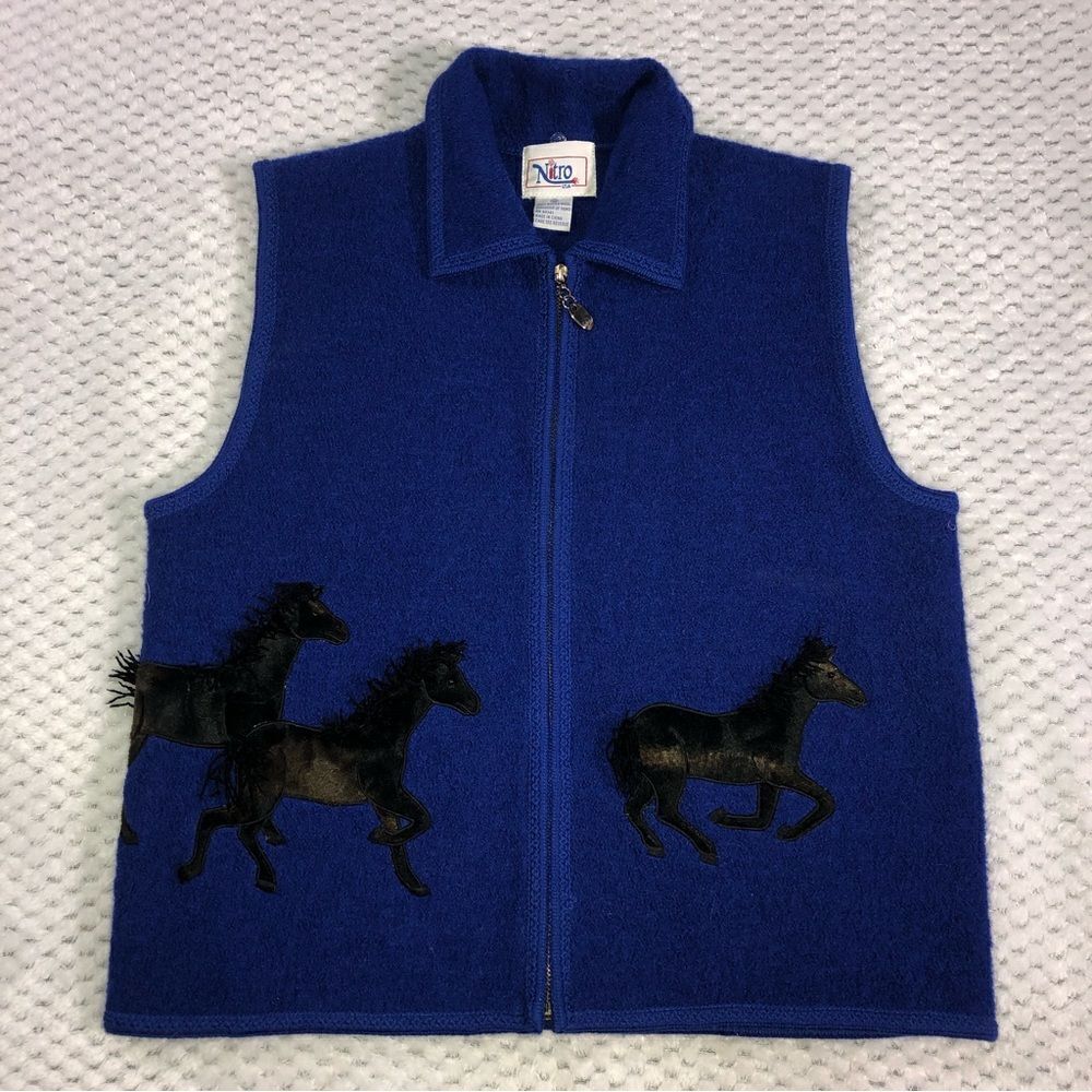 Nitro Women’s Wool vest horses blue zippered front size medium - Picture 1 of 8